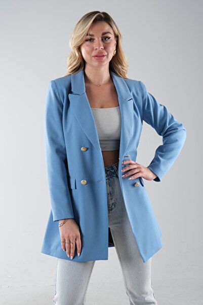 Feminist Astarlı Düğme Kapamalı Blazer Ceket Bebe Mavi 0105123