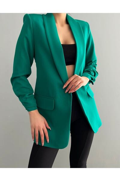 Elizar Moda Benetton Yeşili Atlas Kol Büzgü Detaylı Blazer Ceket