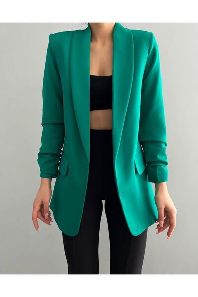 Elizar Moda Benetton Yeşili Atlas Kol Büzgü Detaylı Blazer Ceket