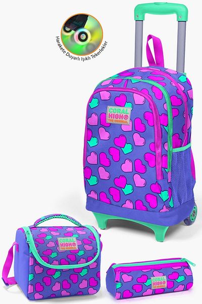 Coral High Set de 3 pungi pentru copii, cu model de inimă roz lavandă