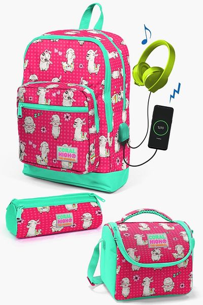 Coral High Set de geanți de școală pentru copii, neon, coral, apă, verde, model alpaca, 3 piese, cu USB SET0123268