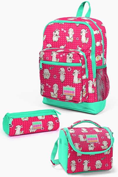 Coral High Kids Neon Mercan Su Yeşili Alpaka Desenli 3’lü Okul Çanta Seti SET0123466