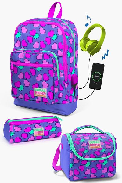 Coral High Set de geanți de școală din 3 piese cu model inimă roz lavandă pentru copii cu USB0123263