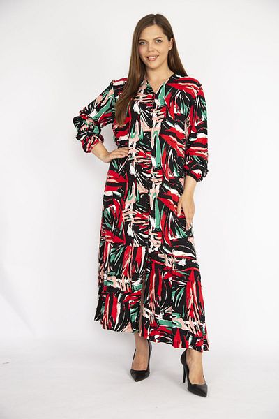 Şans Women's Colorful Large Size Woven Viscose Fabric Front Buttoned Skirt Tip Layered Long Sleeve Dress 65n36471