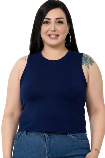 DISENTIS MODEST Plus Size Crew Neck Sleeveless Crop Viscose Navy Blue Body