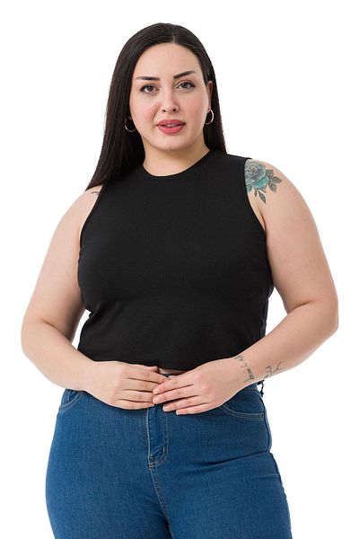 DISENTIS MODEST Plus Size Crew Neck Sleeveless Crop Viscose Black Body
