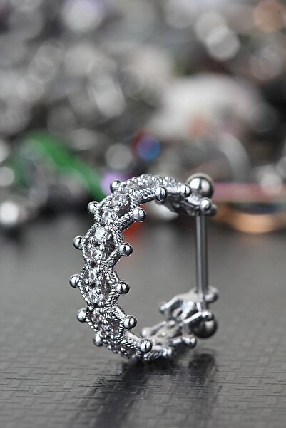 depozoom 316L Cerrahi Çelik Bar Zirkon Taşlı Rhodium Kaplama Orbital Halka Pi...