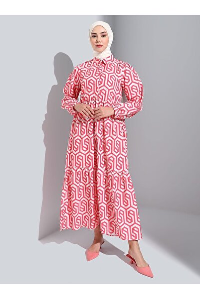 Refka Geometric Patterned Half Placket Hijab Dress - Coral - Casual