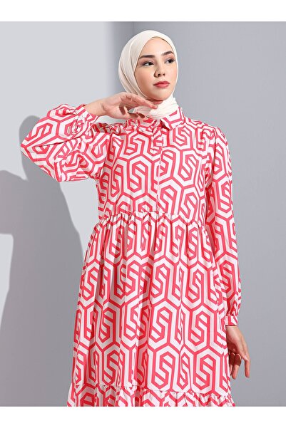 Refka Geometric Patterned Half Placket Hijab Dress - Coral - Casual
