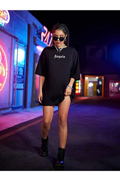 Benisengiydir Women's Black Pure Angels Printed Oversize Crew Neck T-Shirt