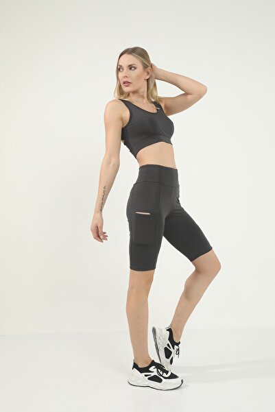 Grenj Fashion Anthracite High Waist Sports Biker Tights with Pocket Detail