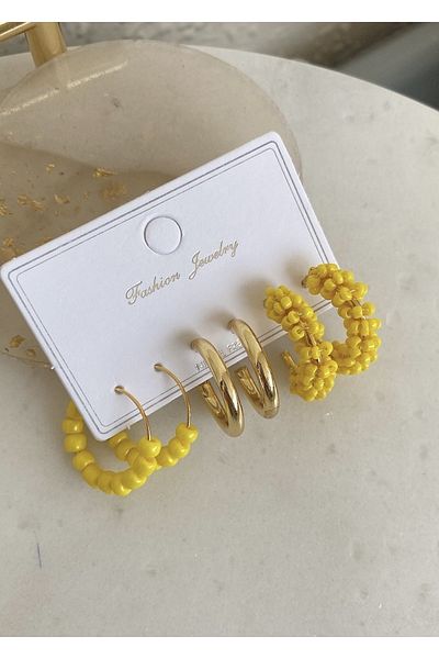 takıtarzım Set of 3 yellow earrings for women with 3 sand beads