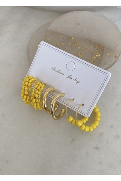takıtarzım Set of 3 yellow earrings for women with 3 sand beads