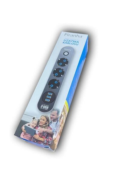Piranha Termal Akım Korumalı Uzatma kablosu 3lü Priz 3 USB 2.0A