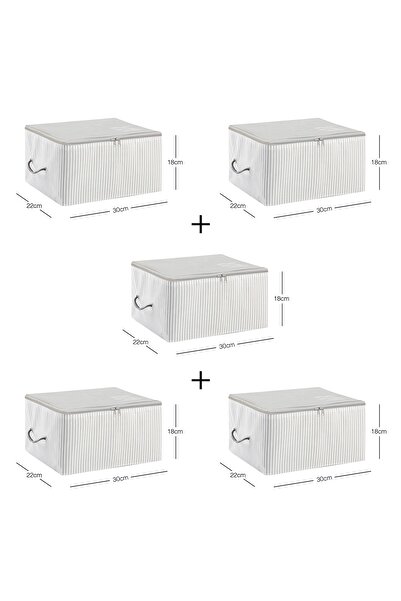 Ocean Home Textile 5 Adet Küçük Boy Gri Çizgili Stuff & Things Baza Altı, Valiz Düzenleyici Hurç 30x22x18