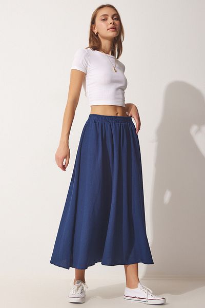 Happiness İstanbul Women's Navy Blue Pocketed Linen Loose Skirt MC00195