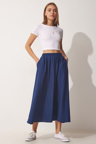 Happiness İstanbul Women's Navy Blue Pocketed Linen Loose Skirt MC00195