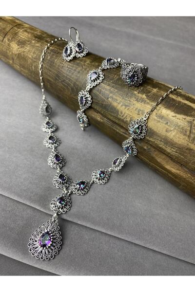 BEY SİLVER Gümüş Mistik Topaz Taşlı Gerdanlıklı Telkari Gümüş Dörtlü Set