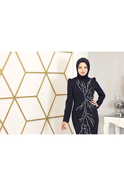 PİENNAR Απλικέ Κεντημένο Μολύβι Tuana Hijab Φόρεμα Navy Blue