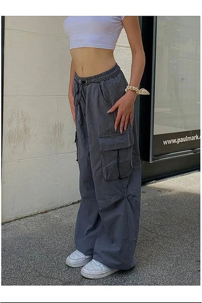 Gofeel ΓΚΡΙ Χρώμα Λεπτομέρεια Εξαιρετικά Loose Fit Y2k Cargo Unisex φαρδύ παντελόνι