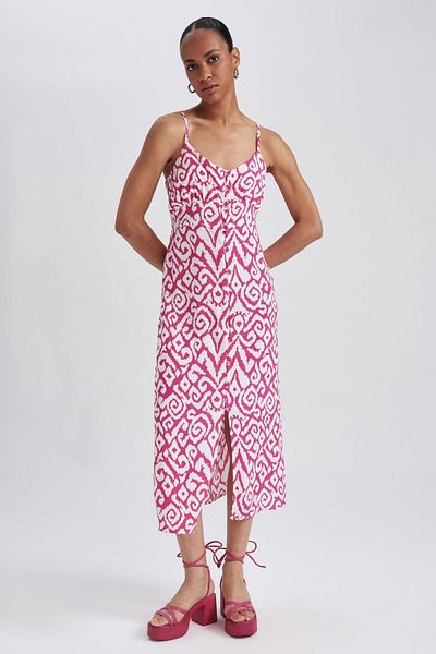 DeFacto Heart Collar Ethnic Patterned Maroken Midi Strap Dress A9178ax23hs