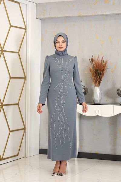 PİENNAR Απλικέ Κεντημένο Μολύβι Tuana Hijab Ρούχα Γκρι
