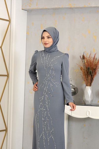 PİENNAR Απλικέ Κεντημένο Μολύβι Tuana Hijab Ρούχα Γκρι