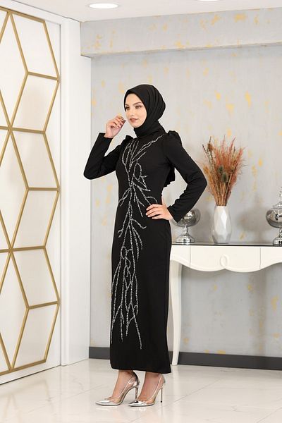 PİENNAR Απλικέ Κεντημένο Μολύβι Tuana Hijab Φόρεμα Μαύρο
