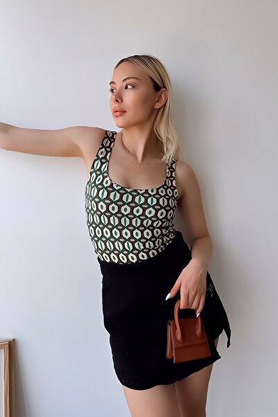 LACHT Women's Zero Sleeve Luxury Green Retro Pattern Double Layer Viscose Blouse