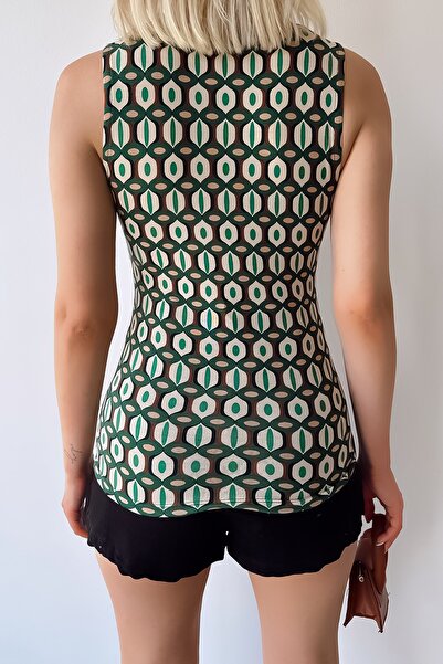 LACHT Women's Zero Sleeve Luxury Green Retro Pattern Double Layer Viscose Blouse