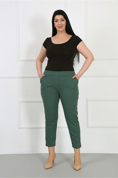 By Alba Collection Women's Emerald Green Full Elastic Waist Lycra Scuba Crepe Narrow Leg Large Trousers