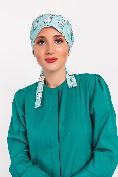Nur Medikal Giyim Kadın Yeşil Diş Desenli Tesettür Doktor Hemşire Hastane Aşç...