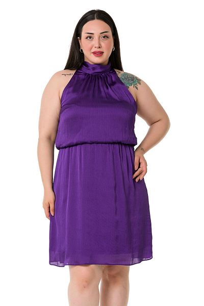 DISENTIS MODEST Μίνι Σατέν Μωβ Φόρεμα Halter Neck Ελαστική μέση