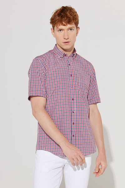 ALTINYILDIZ CLASSICS Men's Red Comfort Fit Relaxed Cut Button Collar Gingham Casual Shirt