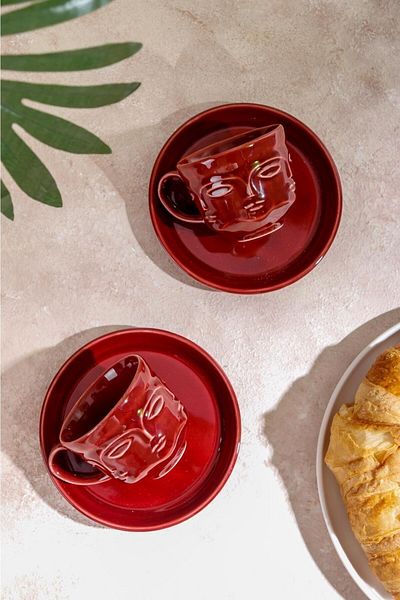 HOMENIVA Modern Burgundy Cup Set 4 Pieces - 2-Person Cup Set