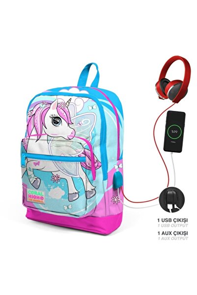 Coral High Kids Mavi Neon Pembe Unicorn Desenli Dört Bölmeli USB'li Okul Sırt...