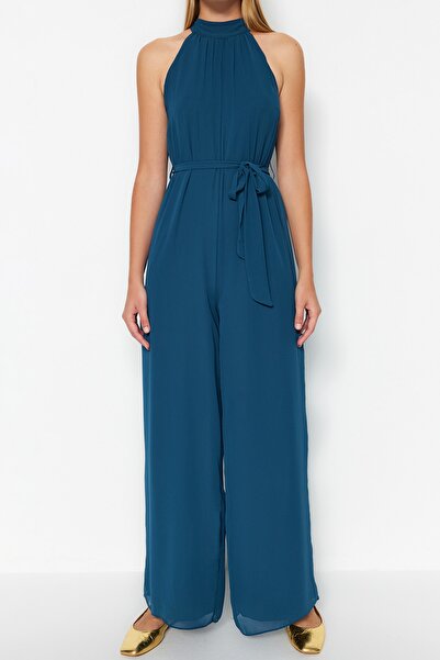 Trendyol Collection Petrol Belted Maxi Chiffon Lined Woven Jumpsuit TWOSS23TU00093