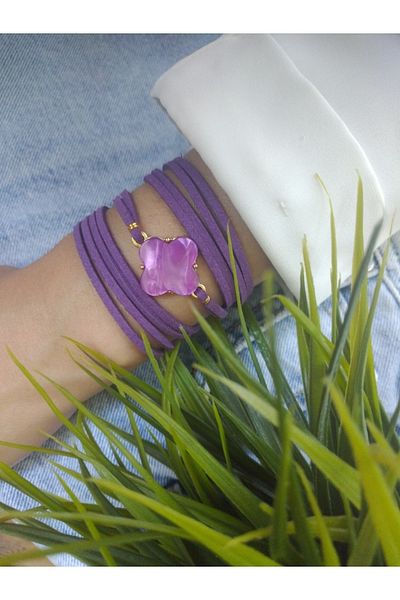ZeynDesign Purple Clover Wrap Wrap Multi Bracelet with Mother of Pearl Stone