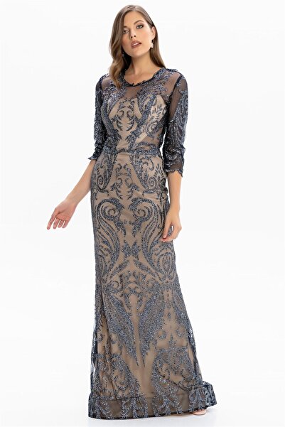 Abiye Sarayı Lacivert Transparan Detaylı Simli Uzun Abiye Elbise