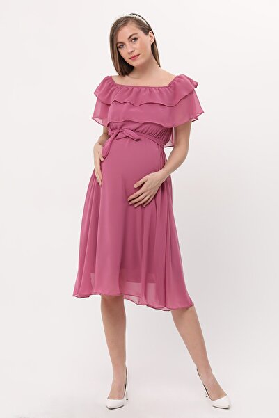 Azra Style فستان الأمومة بياقة مكشكشة وشريط شيفون وردي 8000