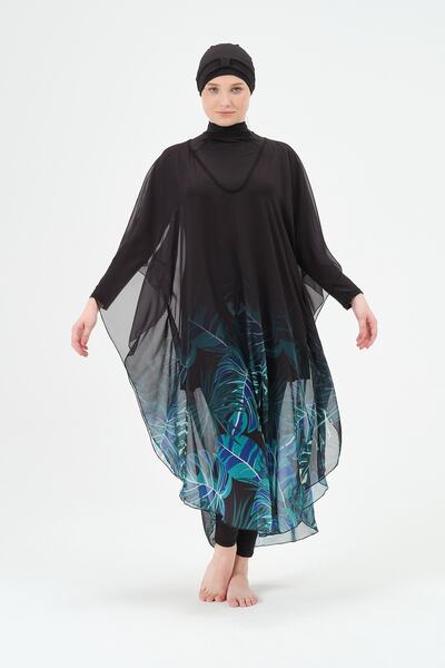 vawensea Women's Hijab Swimsuit Green Leaf Panel Patterned Single Pareo