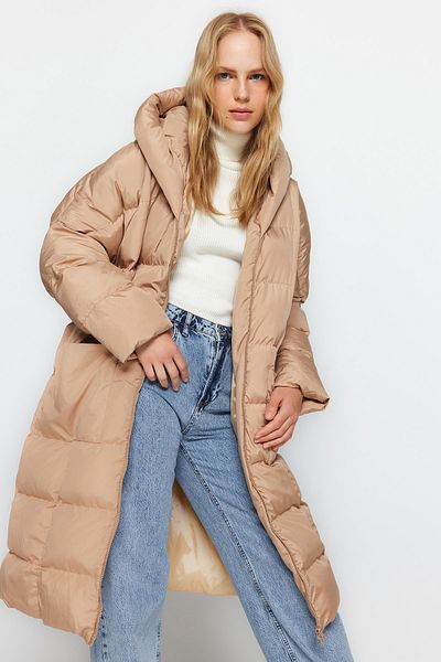 Trendyol Collection Beige Long Winter Puffer Jacket - Hooded, Water Repellent Twoaw24Mo00145