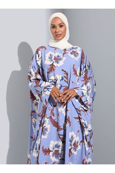 Refka Floral Patterned Satin Abaya Ferace - Blue Ecru - Woman