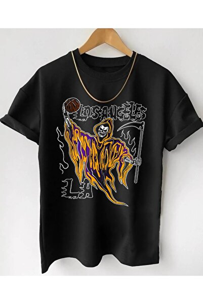 Adrift تيشيرت لوس أنجلوس ليكرز ريترو من القطن المطبوع كبير الحجم بياقة دائرية...