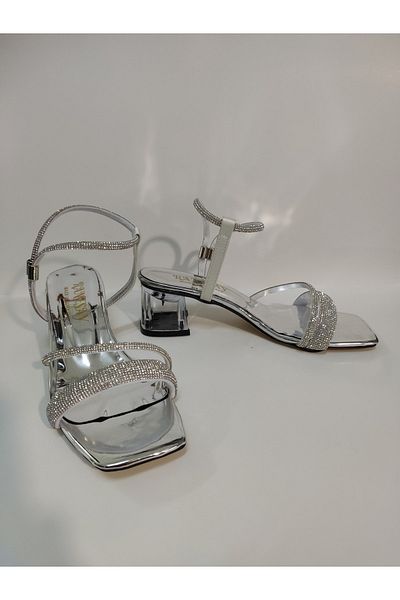 Renasay shose Sandale cu toc de sticlă din piele albă argintie de damă pantofi cu toc