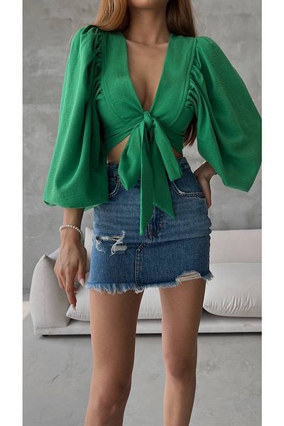 LB Laluna Butik Γυναικείο λινό ύφασμα μπλούζα με δεμένο μπροστινό μανίκι