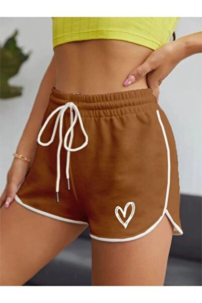 ORLONTEX Pantaloni scurti de damă maro cu imprimeu inimă, cu detaliu de țevi