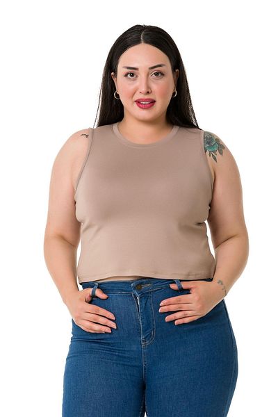 DISENTIS MODEST Plus Size Crew Neck Sleeveless Crop Viscose Mink Body