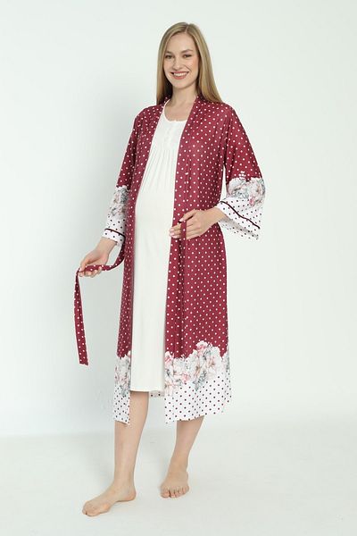 Miss Dünya Lissa Maternity and Pregnant Nightgown Set with Polka Dot Patterned Dressing Gown