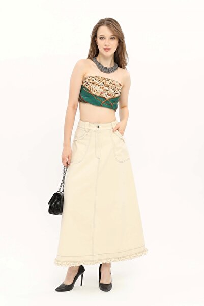 Atölye Güven Beige Tasseled 100% Cotton Special Design Long Bell Skirt